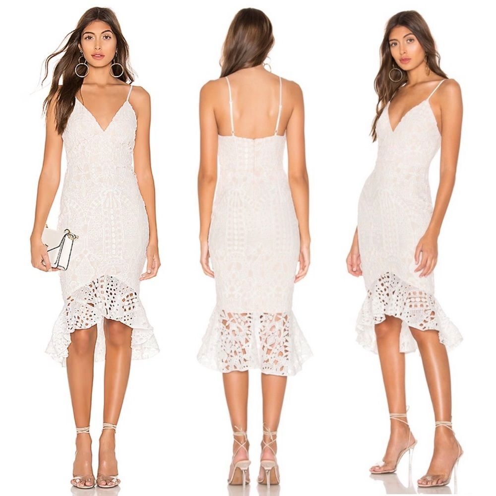 Superdown Tina Ruffle Midi Dress in White Lace Crochet Eyelet Overlay M Revolve - Picture 3 of 16